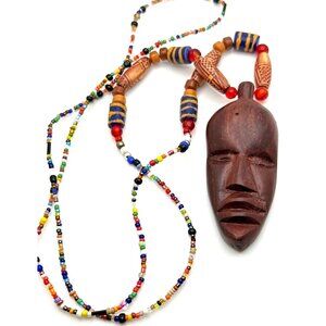 Vintage African Mask Pendant Men Necklace Wood Tribal Trade Beads Cultural